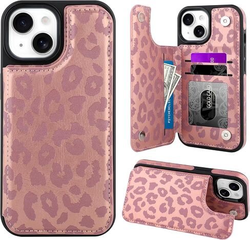 OOK for iPhone 15 Pro Case Wallet with Card Holder, Cute Pink Leopard Cheetah Pattern for Women Girls RFID Blocking 3 Card Slots Kickstand Flip Folio Leather Protective Shockproof Phone Case in Kuwait