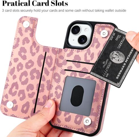 OOK for iPhone 15 Pro Case Wallet with Card Holder, Cute Pink Leopard Cheetah Pattern for Women Girls RFID Blocking 3 Card Slots Kickstand Flip Folio Leather Protective Shockproof Phone Case in Kuwait