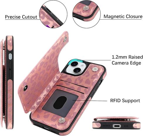 OOK for iPhone 15 Pro Case Wallet with Card Holder, Cute Pink Leopard Cheetah Pattern for Women Girls RFID Blocking 3 Card Slots Kickstand Flip Folio Leather Protective Shockproof Phone Case in Kuwait