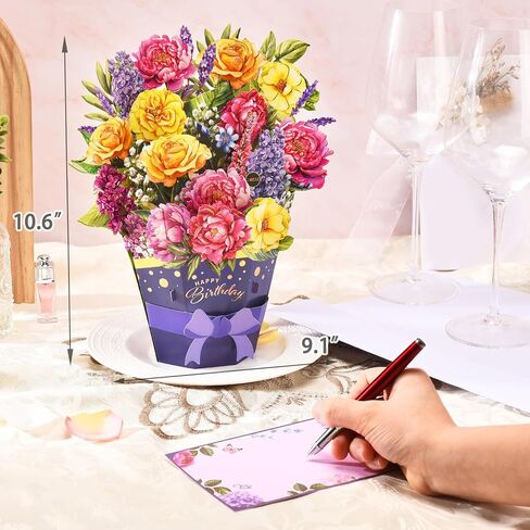 بطاقات عيد ميلاد وأضواء وموسيقى بطاقة عيد ميلاد سعيد ، منبثق الورق الورود/الفاوانيا/باقة زهرة ليلك ، بطاقة هدايا عيد ميلاد ثلاثي الأبعاد للنساء زوجة زوجة ابنة أخت أصدقاء أخت in Saudi Arabia