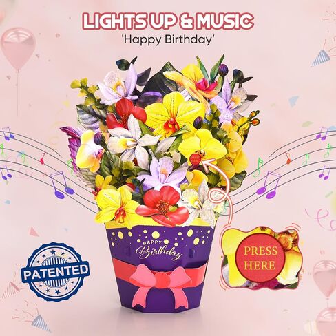 Birthday Cards, LIGHTS & MUSIC Happy Birthday Card, Pop Up Paper Rose/Peony/Lilac Flower Bouquet, 3D Popup Birthday Greeting Gift Card for Women Wife Mom Daughter Sister Friends in Saudi Arabia