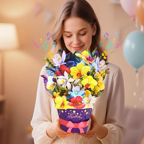 Birthday Cards, LIGHTS & MUSIC Happy Birthday Card, Pop Up Paper Rose/Peony/Lilac Flower Bouquet, 3D Popup Birthday Greeting Gift Card for Women Wife Mom Daughter Sister Friends in Saudi Arabia