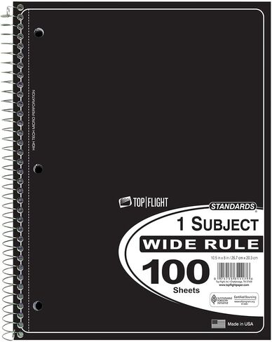 Top Flight Standards 5-Subject Wirebound Notebook, 200 Sheets, 3-Hole Punched, Wide Rule, 10.5 x 8 Inches, 1 Notebook, Color May Vary (31412) in Saudi Arabia