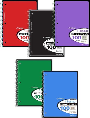 Top Flight Standards 5-Subject Wirebound Notebook, 200 Sheets, 3-Hole Punched, Wide Rule, 10.5 x 8 Inches, 1 Notebook, Color May Vary (31412) in Saudi Arabia