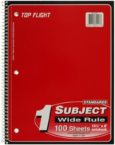 Top Flight Standards 5-Subject Wirebound Notebook, 200 Sheets, 3-Hole Punched, Wide Rule, 10.5 x 8 Inches, 1 Notebook, Color May Vary (31412) in Saudi Arabia