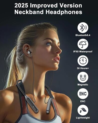 سماعات HMUSIC H06 Neckband Bluetooth ، سماعات أذن لاسلكية بلوتوث 5.4،30 ساعة ، عمر بطارية ، 33 جرام خفيفة ، وبراعم مغناطيسية IPX5 ، حول سماعات الرقبة للرياضة/اللعبة/الجري in Kuwait