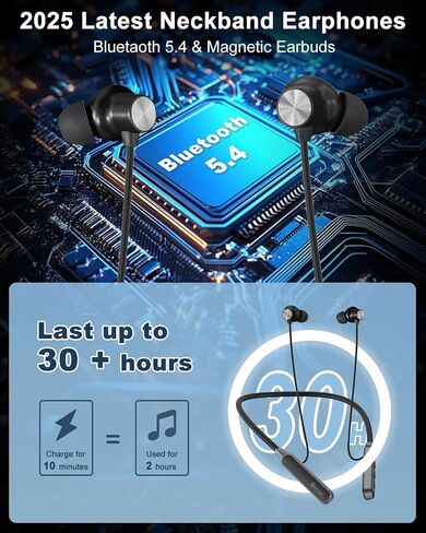 سماعات HMUSIC H06 Neckband Bluetooth ، سماعات أذن لاسلكية بلوتوث 5.4،30 ساعة ، عمر بطارية ، 33 جرام خفيفة ، وبراعم مغناطيسية IPX5 ، حول سماعات الرقبة للرياضة/اللعبة/الجري in Kuwait