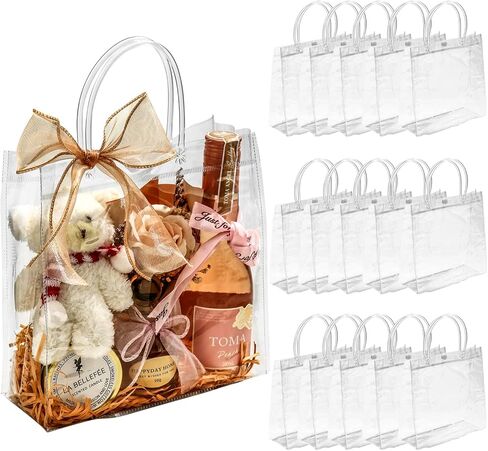 25 PCS Clear Gift Bags with Handles, Transparent Party Favor Bags, Reusable with Ribon, Ideal for Halloween, Christmas, Weddings, Birthdays, and Celebrations in Saudi Arabia