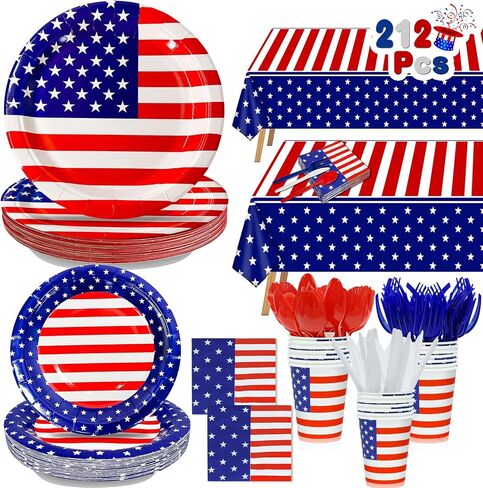 141 Pcs 4th of July Decorations American Flag Patriotic Party Supplies - Serve 20 - Set of 40 Plates 20 Napkins 20 Cups 1 Tablecloth, 60 Knives Forks Spoons, Red White Blue Decor for Independence Day in Saudi Arabia