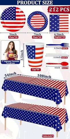 141 Pcs 4th of July Decorations American Flag Patriotic Party Supplies - Serve 20 - Set of 40 Plates 20 Napkins 20 Cups 1 Tablecloth, 60 Knives Forks Spoons, Red White Blue Decor for Independence Day in Saudi Arabia
