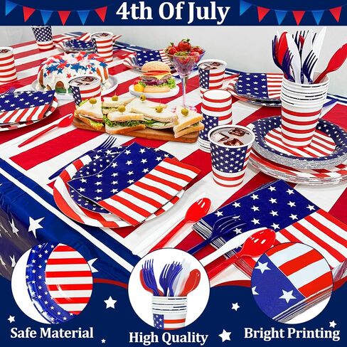 141 Pcs 4th of July Decorations American Flag Patriotic Party Supplies - Serve 20 - Set of 40 Plates 20 Napkins 20 Cups 1 Tablecloth, 60 Knives Forks Spoons, Red White Blue Decor for Independence Day in Saudi Arabia
