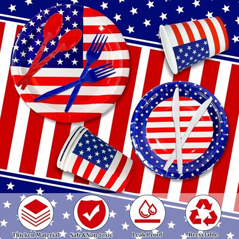 141 Pcs 4th of July Decorations American Flag Patriotic Party Supplies - Serve 20 - Set of 40 Plates 20 Napkins 20 Cups 1 Tablecloth, 60 Knives Forks Spoons, Red White Blue Decor for Independence Day in Saudi Arabia
