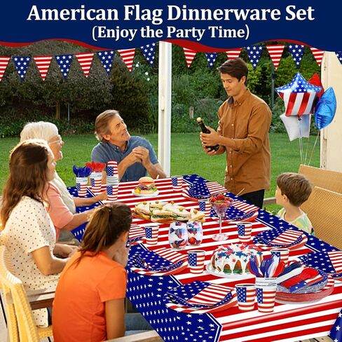 141 Pcs 4th of July Decorations American Flag Patriotic Party Supplies - Serve 20 - Set of 40 Plates 20 Napkins 20 Cups 1 Tablecloth, 60 Knives Forks Spoons, Red White Blue Decor for Independence Day in Saudi Arabia