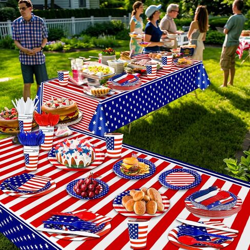 141 Pcs 4th of July Decorations American Flag Patriotic Party Supplies - Serve 20 - Set of 40 Plates 20 Napkins 20 Cups 1 Tablecloth, 60 Knives Forks Spoons, Red White Blue Decor for Independence Day in Saudi Arabia