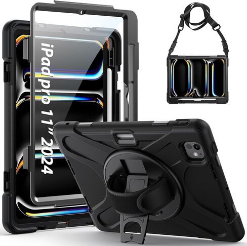 Gerutek Case for iPad Pro 13 Inch Tablet Case M4 (2024), Cover Protective with Screen Protector, Pencil Holder, 360 Rotating Handle, Stand, Strap for iPad Pro 13 7th Gen Model A2926/A3007/A2925- Black in Kuwait