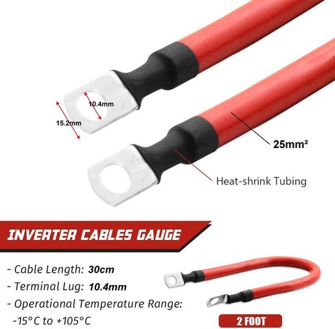 كابل عاكس بطارية 30 سم مع محطات ، 12V-24V ، 25 مم ، 3AWG (الحد الأقصى 125A) ، بطارية تلقائية تؤدي إلى اللون الأحمر والأسود للشاحنة ، دراجة نارية ، الطاقة الشمسية ، RV ، البحرية in Kuwait