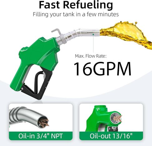1'' NPT Automatic Fuel Nozzle with Fuel Hose Swivel & Hook, Auto Shut-Off Aluminum Alloy Diesel Nozzle Max Flow Rate 30 GPM, 19/16" (OD=30mm) Spout for Diesel, Gasoline, Biodies in Kuwait