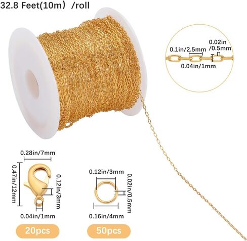 33 Feet/10m 2.5mm Brass Chain Bulk Curb Chain Links Cable Link Chain with 20Pcs Lobster Claw Clasps & 50Pcs Jump Rings Silver Chain Spool for Jewelry Making Supplies DIY Bracelet Necklace in Saudi Arabia
