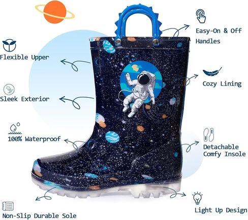 EUXTERPA Toddler Kids Waterproof Light Up Rain Boots Patterns and Glitter Boots with Handles for Boys Girls in Kuwait