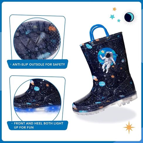 EUXTERPA Toddler Kids Waterproof Light Up Rain Boots Patterns and Glitter Boots with Handles for Boys Girls in Kuwait