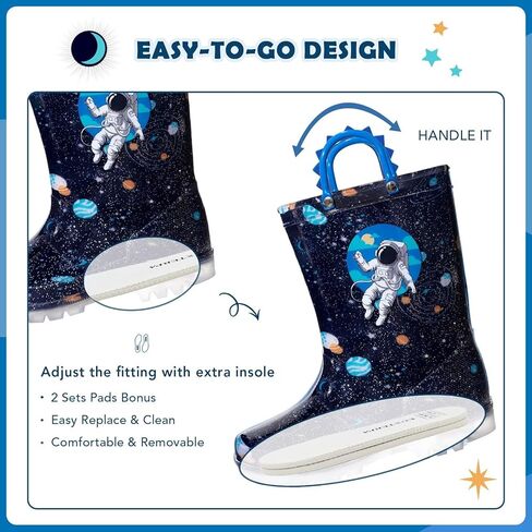 EUXTERPA Toddler Kids Waterproof Light Up Rain Boots Patterns and Glitter Boots with Handles for Boys Girls in Kuwait