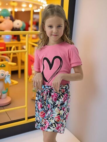 أطفال فتاة ملابس القلب طباعة قصيرة الأكمام قمة وسروال شورت لطيف فتاة الصيف مجموعة قصيرة in Kuwait