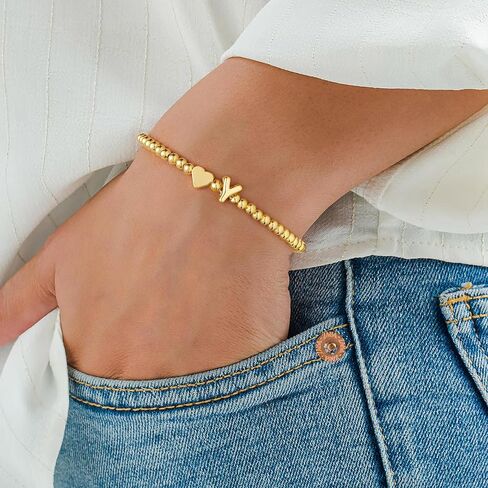 M MOOHAM Heart Initial Bracelet for Women - Dainty Gold Beaded Bracelets for Women Trendy Charm Letter A-Z Personalized Heart Jewelry Gifts in Kuwait