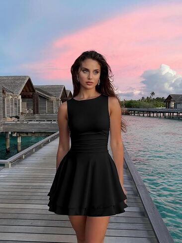 Kaximil نساء الكشكش قارب القارب الرقبة Mini فستان بلا أكيام in Kuwait