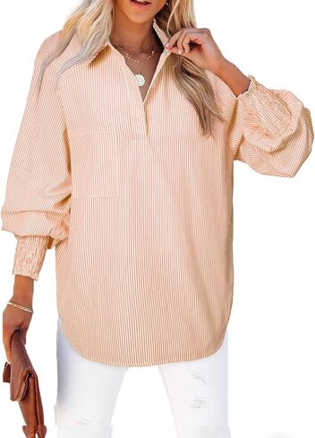 Astylish Women 2025 Fine Striped Smoocked Menley Derts Long Sleeve Plouse Plouse مع جيب in Kuwait