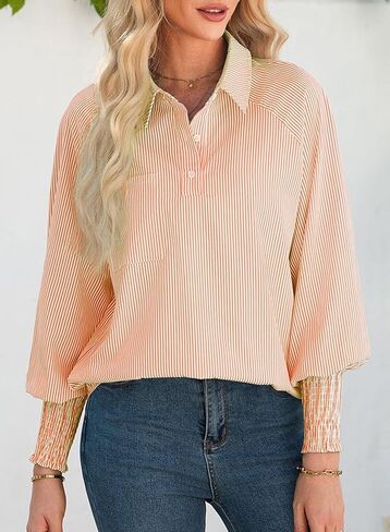 Astylish Women 2025 Fine Striped Smoocked Menley Derts Long Sleeve Plouse Plouse مع جيب in Kuwait