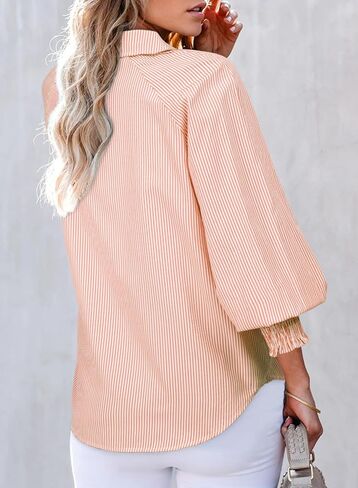 Astylish Women 2025 Fine Striped Smoocked Menley Derts Long Sleeve Plouse Plouse مع جيب in Kuwait