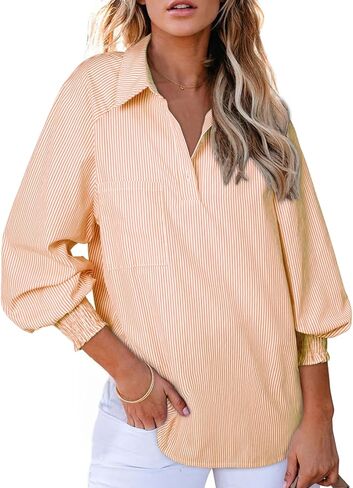 Astylish Women 2025 Fine Striped Smoocked Menley Derts Long Sleeve Plouse Plouse مع جيب in Kuwait