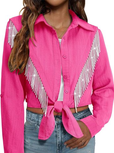 MYMORE Womens Rhinestone Fringe Cropped Button Down Shirt Rolled 3/4 Sleeve Tie Front Top Western Cowgirl Rodeo Outfit in Kuwait