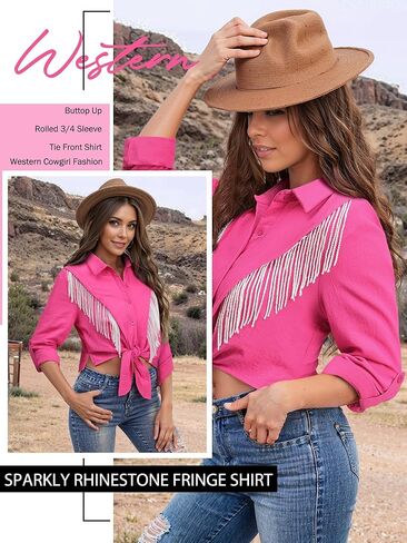 MYMORE Womens Rhinestone Fringe Cropped Button Down Shirt Rolled 3/4 Sleeve Tie Front Top Western Cowgirl Rodeo Outfit in Kuwait