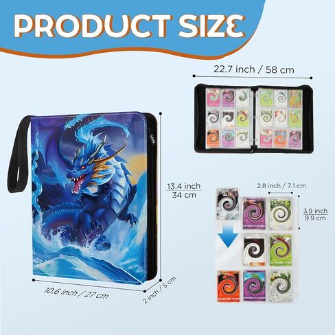 LZSIG Card Binder 4-Pockets, 448 Cards Holder with 56 Removable Sleeves, 3-Ring Zipper Sports Book Compatible with TCG, MTG and Game Cards, Trading Card Collector Album, Gifts for Boys and Girls in Saudi Arabia