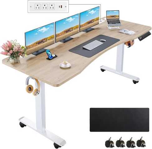 المكتب الكهربائي الدائم 55 × 24 بوصة قابلة للتعديل قابلة للتعديل المريح للجلوس الوقوف مكتب منحني لمحطة عمل كمبيوتر المكتب المنزلي مع 2 منافذ USB 3 عجلات محددة للذاكرة ، الأسود in Kuwait