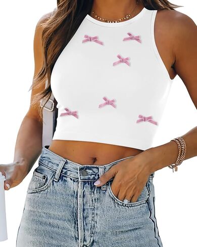 Women's Coquette Crop Top Cute Y2k 3D Bow Preppy Racerback Tank Tops Summer Sleeveless Going Out Clothes Teen Girls in Kuwait