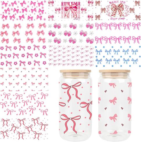 8 Sheets UV DTF Cup Wrap, Pink Bow Transfer Cup Stickers for 16 oz Glass Water Bottle, Glass Cup DTF Transfer Stickers for Girls DIY Craft Decorations in Saudi Arabia
