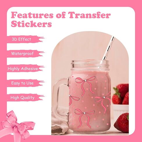 8 Sheets UV DTF Cup Wrap, Pink Bow Transfer Cup Stickers for 16 oz Glass Water Bottle, Glass Cup DTF Transfer Stickers for Girls DIY Craft Decorations in Saudi Arabia