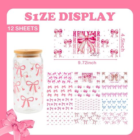 8 Sheets UV DTF Cup Wrap, Pink Bow Transfer Cup Stickers for 16 oz Glass Water Bottle, Glass Cup DTF Transfer Stickers for Girls DIY Craft Decorations in Saudi Arabia
