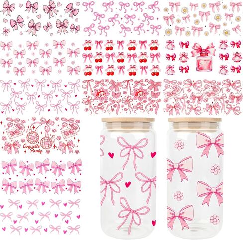 8 Sheets UV DTF Cup Wrap, Pink Bow Transfer Cup Stickers for 16 oz Glass Water Bottle, Glass Cup DTF Transfer Stickers for Girls DIY Craft Decorations in Saudi Arabia
