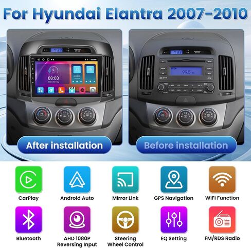 【2+64GB】Double din for Hyundai Elantra 2007-2010 Wireless Carplay Android Car Stereo 9" Touch Screen with Android Auto, Radio Dash Kit GPS Navigation WiFi Bluetooth SWC Mirror Link, Mic Backup Camera in Kuwait