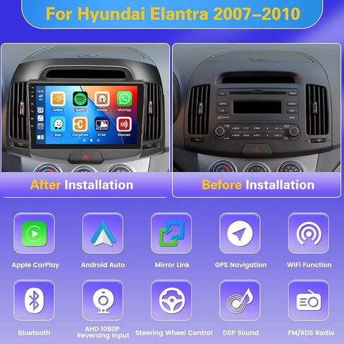 【2+64GB】Double din for Hyundai Elantra 2007-2010 Wireless Carplay Android Car Stereo 9" Touch Screen with Android Auto, Radio Dash Kit GPS Navigation WiFi Bluetooth SWC Mirror Link, Mic Backup Camera in Saudi Arabia