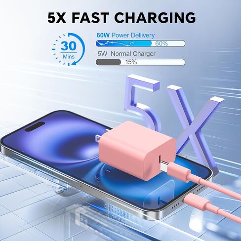 20W USB C Wall Charger Block,Compatibility with iPhone 16 Pro Charger Fast Charging with 10FT Long Type C Cable,for Phone16/15 Pro Max,16Plus,15Plus,I-Pad/Pad Pro/Air/Samsumg and More(Purple,Red) in Kuwait