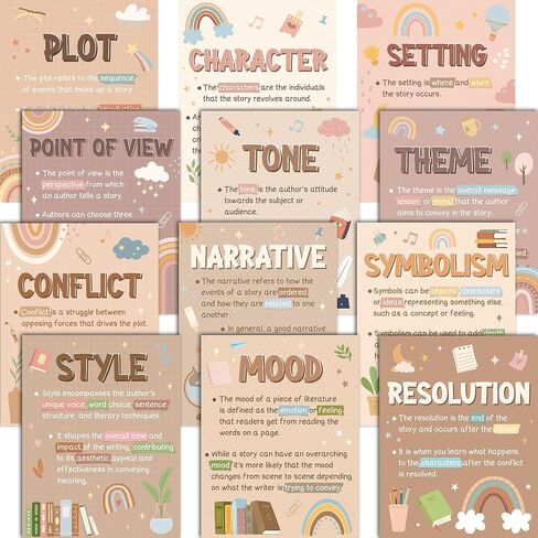 Pasimy 12 Pcs Boho Literary Elements Posters Set Literature Classroom Decorations Story Elements Bulletin Board Educational Art Prints Rainbow Study Materials for Teacher School (Boho) in Saudi Arabia