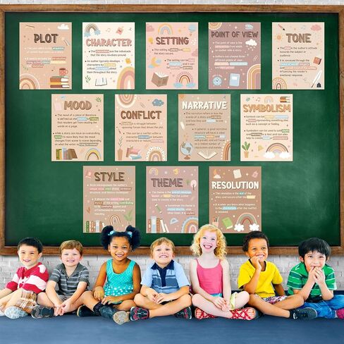 Pasimy 12 Pcs Boho Literary Elements Posters Set Literature Classroom Decorations Story Elements Bulletin Board Educational Art Prints Rainbow Study Materials for Teacher School (Boho) in Saudi Arabia