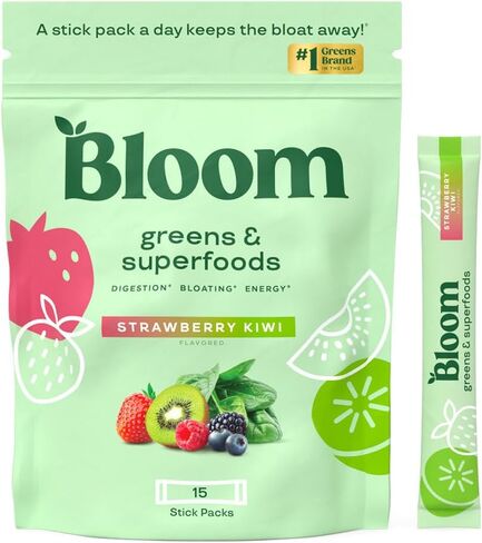 Bloom Nutrition Greens and Superfoods Powder Packets for Digestive Health, Greens Powder, Digestive Enzymes, Probiotics, Spirulina, Chlorella for Bloating & Gut Support, 15 Stick, Peach in Saudi Arabia