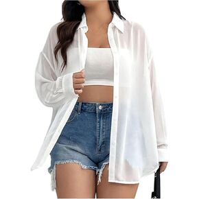 OYOANGLE Women's Plus Size Mesh Sheer Long Sleeve Button Down Shirts See Through Loose Summer Top in Kuwait