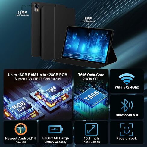 Androind 14 Tablet, 10.1 Inch Tablet, 8GB RAM 128GB ROM 1TB Expand, 8000mAh Battery, 10.1 Inch Octa-Core with 13MP+8MP Camera/Bluetooth/GPS/WiFi/HD Display, Dark Grey. in Saudi Arabia
