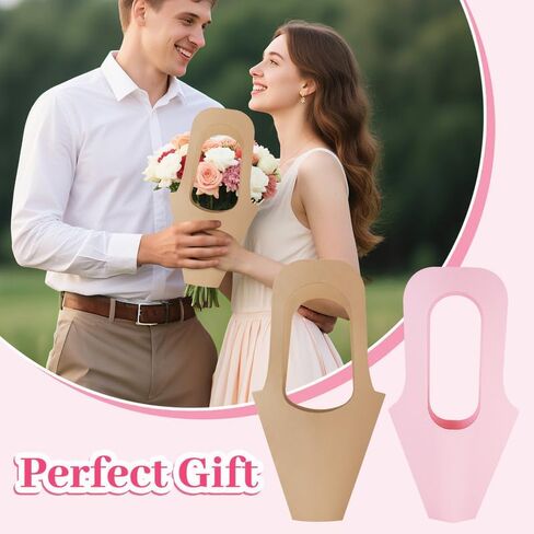 50 Pcs Kraft Paper Flowers Gift Bags with Handle, Bouquet Bags Hanging with Ribbon Sticker Rose Thorn Remover, Cone Floral Wrapping Paper Bag for Wedding Graduation Party Florist (Kraft Paper) in Saudi Arabia